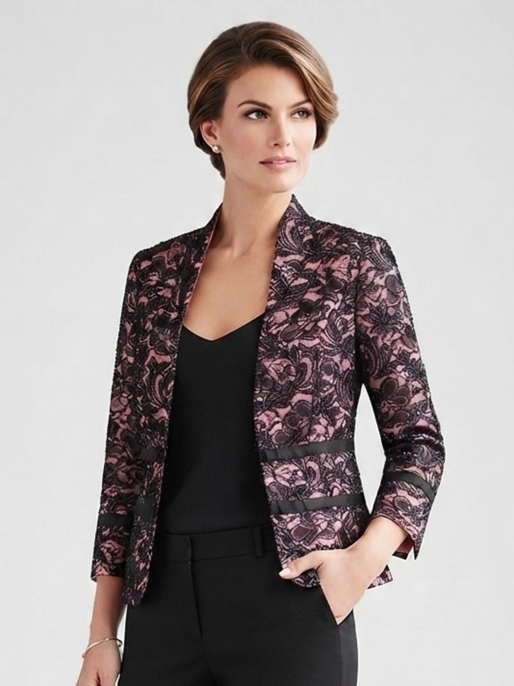Carmen Marc Valvo Signature Black & Pink Lace Beaded Blazer / Jacket 8